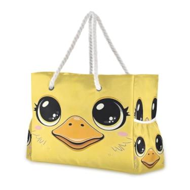 Imagem de Wassud Bolsa de praia com cara de pato fofa, grande, bolsa de praia para mulheres, impermeável, à prova de areia, bolsa de viagem com zíper e bolso para piscina, academia, acampamento