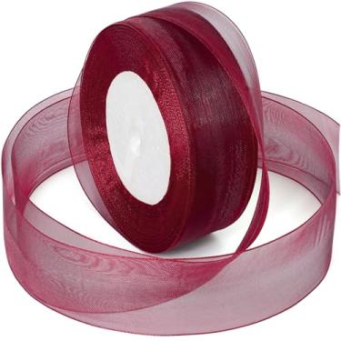 Imagem de Fita Borgonha para Embrulho de Presentes, Fita de Tecido Chiffon de Organza Transparente Vermelho Vinho de 3,8 cm para Buquê de Flores, Casamento, Artesanato, Decoração de Festa de Natal, Convite