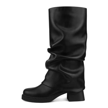 Imagem de Ziheels Botas femininas dobráveis, cano médio, cano médio, 5 cm, salto grosso, bico quadrado, sem fecho, bota plissada empilhada, Preto, 41