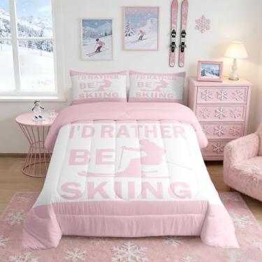 Imagem de Conjunto de edredom com tema de esqui, tamanho casal, 3 peças, silhueta de esquiador, rosa, para crianças, adolescentes, adultos, geométrico, simples, xadrez, patchwork, conjunto de edredom com 2