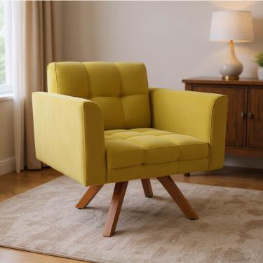 Imagem de Poltrona Sala Decorativa Elisa Base Giratória Castanho MM30 Veludo Mostarda D03 - D'Rossi