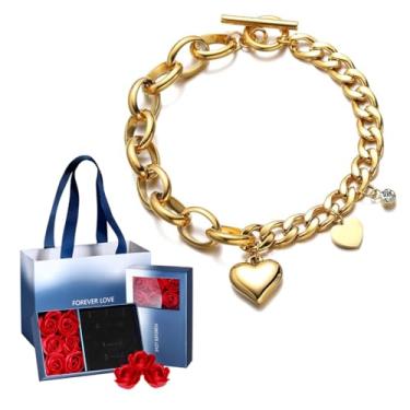 Imagem de FLORA PULSEIRA OURO FEMININOS PULSEIRA FOLHEADO A OURO 18K PINGENTE CORAÇÃO CONJUNTO DE PRESENTE