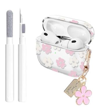 Imagem de Aircawin Capa transparente para Airpods Pro 3, design floral rosa fofo para Airpods Pro 3, acessórios de pele de TPU macio à prova de choque com chaveiro de flor feminina e caneta de limpeza para