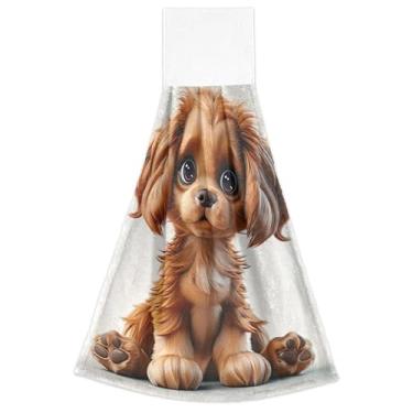 Imagem de Toalhas de mão de cozinha marrons de cachorro de desenho animado com laço para pendurar toalhas de dedo macias absorventes de forno conjunto de 2, toalhas para cozinha banheiro 47 x 35 centímetros