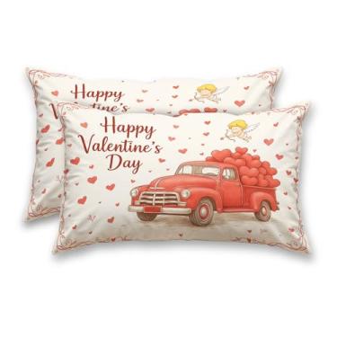 Imagem de HOMETITUTE Conjunto de 2 fronhas decorativas de cetim 30 x 50 cm arte de coração de caminhão para sofá sofá sala de estar fazenda decorações de férias