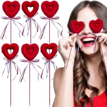 Imagem de 6 peças de palitos de espuma de coração para dia dos namorados, adereços de cabine de fotos, corações vermelhos inchados, palitos florais para Dia dos Namorados, casamento, selfie, adereços de cabine