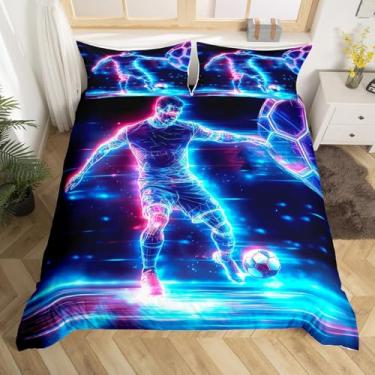 Imagem de Capa de edredom de jogador de futebol, jogo de cama de futebol infantil, capa de edredom de futebol esportivo neon para decoração de quarto de meninos e meninas, capa de cama de solteiro com 1 fronha