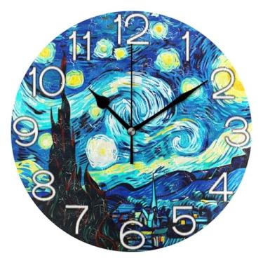 Imagem de Relógio de parede decorativo analógico operado por bateria relógio de cozinha fofo, decoração de sala de estar arte moderna noite estrelada azul, 25 cm, ponteiros pretos