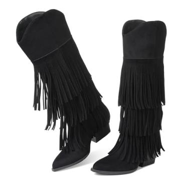 Imagem de Grakihily Botas femininas estilo caubói retrô bico fino sem cadarço salto grosso franja country concerto roupas até o joelho camurça ocidental e couro sintético botas caubói, C20/Preto, 38