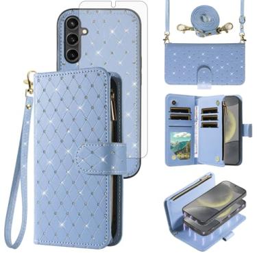 Imagem de Capa carteira compatível com Samsung Galaxy S24 5G com zíper removível protetor de tela celular alça transversal com glitter flip porta-cartão slot capa de telefone para S 24 24 mulheres meninas azul