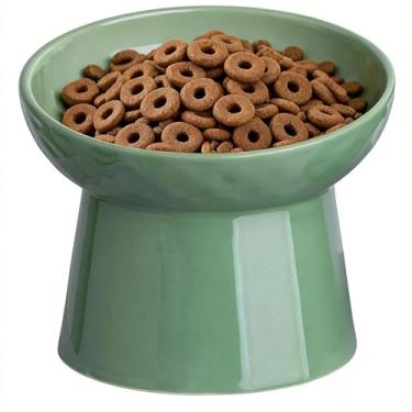 Imagem de YauYik Tigela elevada para gatos preta, tigela elevada para comida de gato com ângulo inclinado, sem estresse, antivômito, tigela de água de cerâmica para gatos pequenos e cães, 236 ml, verde