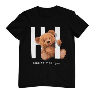 Imagem de Camiseta Feminina Masculina Estampa Urso Hi Nice To Meet You Algodão S