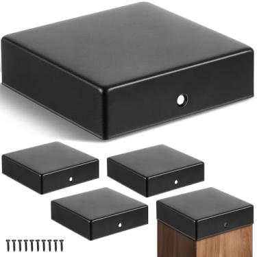 Imagem de Pelopy 5 peças 10 x 10 cm tampa de poste de pirâmide plana para verdadeiros postes de madeira de 3-1/5.1 cm x 3-1/5.1 cm preto galvanizado revestido a pó tampas à prova de intempéries capa para decks