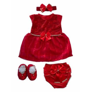 Imagem de Kit Vestido Calcinha Sapatinho Laço Roupa Bebe 0-6 meses 4pc - Lala Lu