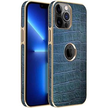 Imagem de VEVEL Capa traseira de telefone com textura de crocodilo, para Apple iPhone 14 Plus 6,7 polegadas 2022 Capa de couro genuíno à prova de choque com logotipo visível (cor: azul)