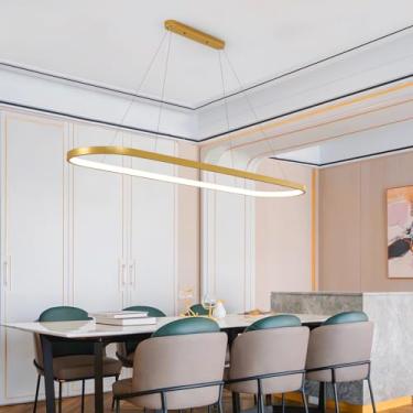 Imagem de Luminária pendente LED oval com intensidade regulável e controle remoto. Altura ajustável com função de memória para restaurante, cozinha, escritório, sala de estar, bar (dourada, 120 cm).