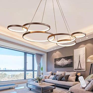 Imagem de Luminária pendente Ring LED 88W para mesa de jantar, sala de estar moderna, dimerizável com controle remoto, lustre de alumínio marrom, altura ajustável, ideal para quarto, restaurante ou ca