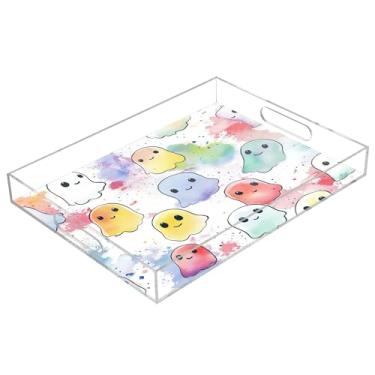 Imagem de xigua Bandeja de servir de acrílico fantasma de Halloween com alças à prova de derramamento, bandejas decorativas de festa de Halloween, bandeja organizadora de bancada para banheiro, cozinha, 30,5 x