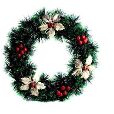 Imagem de Guirlanda Decorada 24cm com Flor e Azevinho Verde - Enfeite Natalino Rustico, Ideal para Casa, Mesa, Prateleira e Ambientes Festivos