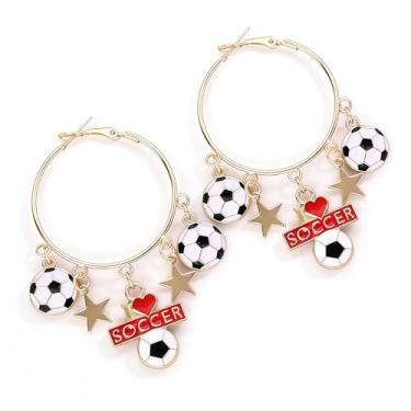Imagem de Brincos de argola de futebol para mulheres, preto e branco, brincos de bola de futebol combinando para fãs de dia de jogo, acessórios de joias, Large, Metal, Sem pedra preciosa