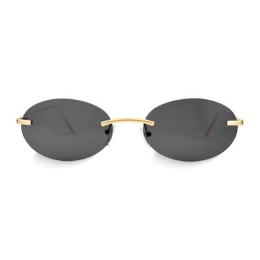 Imagem de Óculos de Sol Oval Nina com Lente Preta, Design Minimalista Sem Aro, Hastes Metálicas Douradas, Proteção UV400