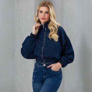 Imagem de Jaqueta Feminina Cropped Jeans Bomber Fecho de Zíper Manga Longa com Botão Cola Alta Elastano-Feminino