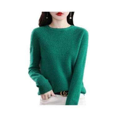 Imagem de Suéter De Pulôver De Lã Merino 100% Para Mulheres, Tricô, Decote Redon