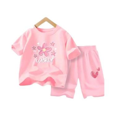 Imagem de Conjunto De Roupas De Verão Para Meninas Camiseta Com Flores E Shorts 