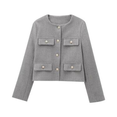 Imagem de Casaco Curto Casual De Inverno Feminino Com Decote Redondo E Decoração