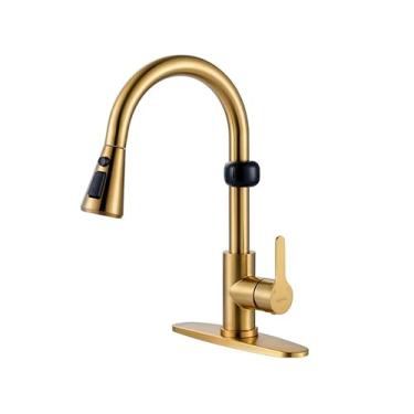 Imagem de Sensor de movimento da torneira de cozinha sem toque - Torneiras de cozinha inteligentes ativadas com pulverizador de puxar para baixo Torneira de pia de cozinha de alça única, ouro escovado