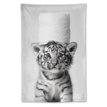 Imagem de Tapeçaria de chapéu de papel higiênico bebê tigre preto e branco impressão artística para quarto sala de estar dormitório decoração de casa com design de animal selvagem fofo Tapeçaria 102 x 152 cm
