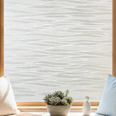 Imagem de Finnez Película de privacidade fosca para janela com aderência estática, capa decorativa não adesiva para portas e janelas de vidro, sem cola, adesivos removíveis, design de ondas com bloqueio de UV