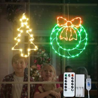 Imagem de Veeydrut Árvores de Natal e guirlanda com temporizador, 8 modos de luzes USB internas, 120 luzes de LED operadas por bateria, decoração de luzes de janela de Natal para parede de porta interna/externa