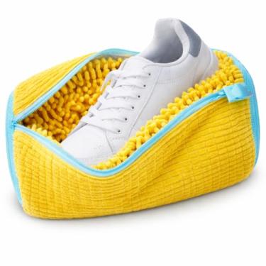 Imagem de Saco Para Lavagem Tênis Com Chenille Acolchoado Protetor Máquina De Lavar Rede Para Lavar Sapato Calçados Sapatilha Chuteira Anti-impacto Limpeza Praticidade Cuidados Academia Lavanderia