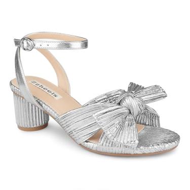 Imagem de Zzheels Sandálias femininas de salto com nó de laço, bico aberto, tira no tornozelo, salto grosso, sapatos de casamento para noivas, Prata brilhante de 5 cm, 39