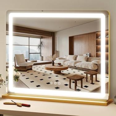 Imagem de FENNIO Espelho de maquiagem de 58 cm x 45 cm com luzes, espelho de maquiagem de LED, espelho de Hollywood com 3 modos de cor e brilho ajustável, espelho dourado