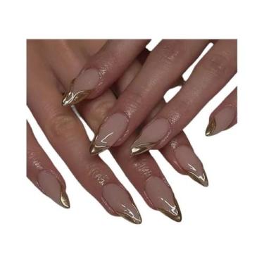 Imagem de Unhas Postiças Em Forma De Amêndoa Com Design De Laço, Borda Dourada F