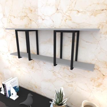 Imagem de Prateleira Industrial Suspensa Estante Parede Nicho Cinza Ferro E Madeira Suporte Pratileira