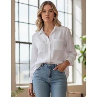Imagem de Camisa Social Blusa Manga Longa Feminina Com Bolsos Botões Transparentes Linho Alfaiataria Fio a Fio-Feminino