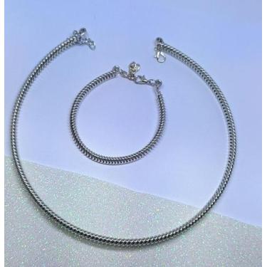 Imagem de Kit Conjunto Colar Choker Feminino + Pulseira Elo Aro Mola Folheado Ou