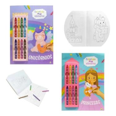 Imagem de Kit 2 Livro Colorindo Por Números - Princesas E Unicórnio Com 8 Giz De