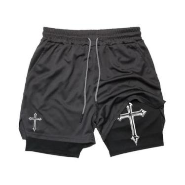 Imagem de Shorts De Corrida Masculinos Com Estampa De Cruz Cristã 2 Em 1 Para Tr