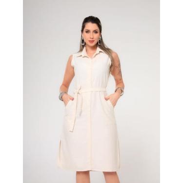 Imagem de Vestido Chemise Midi em Linho e no Jeans Feminino com Fechamento Front
