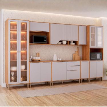 Imagem de Cozinha Modulada 8 Peças com 1 Cristaleira 3 Balcões 3 Armários Aéreo e 1 Torre Celeste Cinamomo/Platina