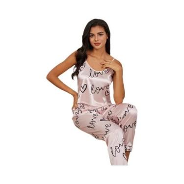 Imagem de Conjunto de Pijama Feminino Sexy de Cetim - Decote V, Sem Mangas, com 