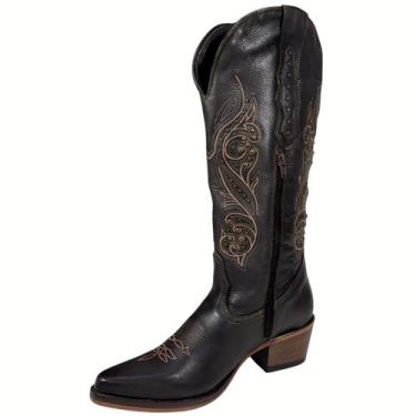 Imagem de Bota Country Feminina Couro Cano Alto Bordada Marrom Escuro - Nashvill
