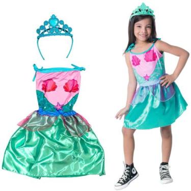 Imagem de Fantasia Sereia Infantil Completa Com Tiara E Vestido Colorido Meninas