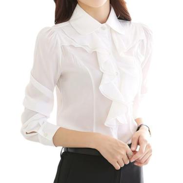 Imagem de F0101-Blusa Camisa Feminina Branca Preto Social Babado Elegante Evangé