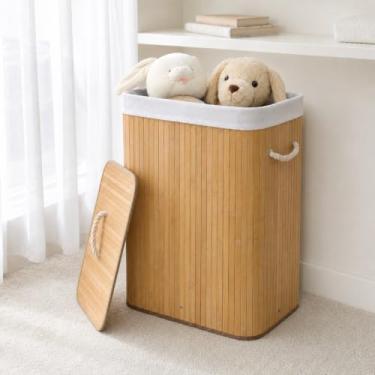 Imagem de Cesto de roupa suja Retangular De Bambu Claro Forrado com tampa Banheiro E Lavanderia 60 cm de altura, dobravel