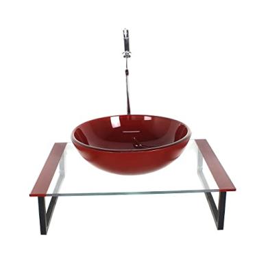 Imagem de KIT CUBA DE VIDRO REDONDA 10MM COM TAMPO 50CM VERMELHO CEREJA E SUPORTE PRETO